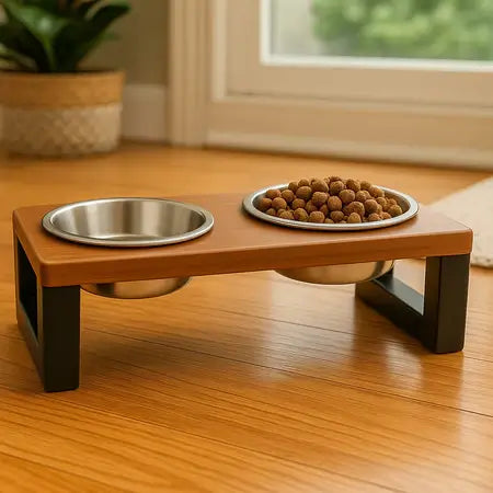 Comedouro Duplo em Madeira Maciça – Tigelas Inox ou Plásticas com Tampa Hermética – Pet Premium™