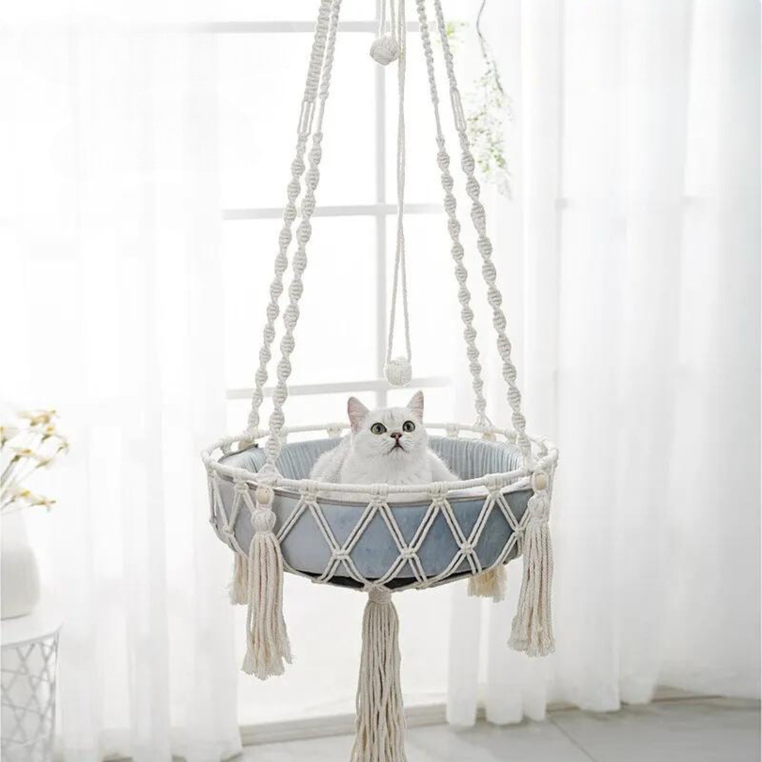 Cama Suspensa Artesanal para Gatos Estilo Rede – Pet Premium™ | Conforto Natural e Descanso Elevado