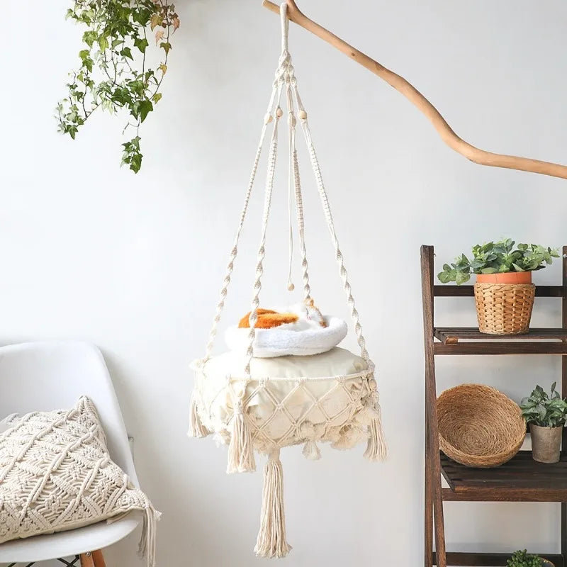 Cama Suspensa Artesanal para Gatos Estilo Rede – Pet Premium™ | Conforto Natural e Descanso Elevado