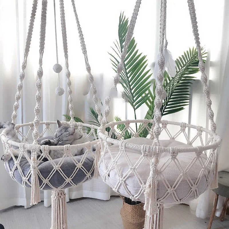 Cama Suspensa Artesanal para Gatos Estilo Rede – Pet Premium™ | Conforto Natural e Descanso Elevado