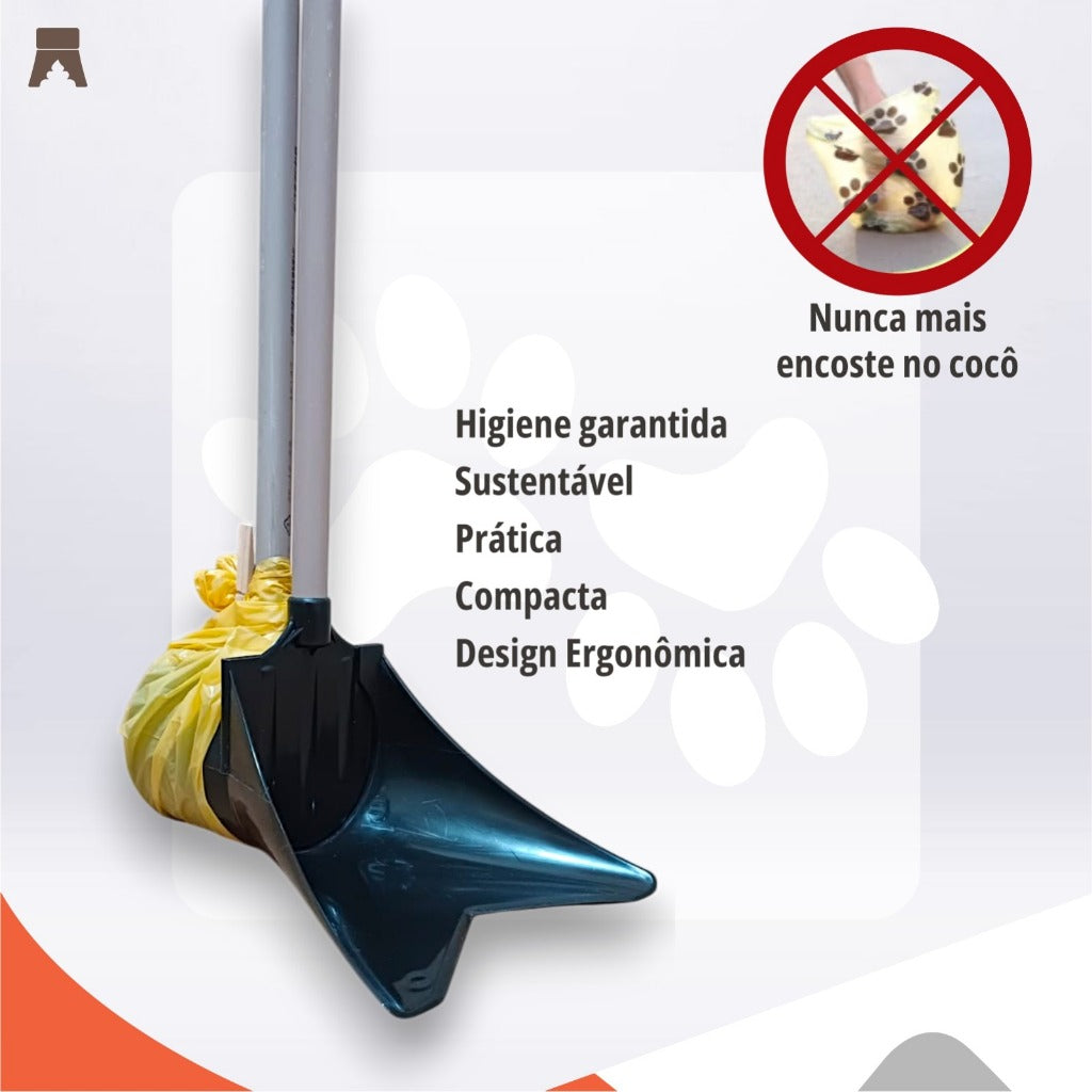 Pá coletora de cocô com cabo longo e sacolinha, detalhes do produto - Pet Premium™