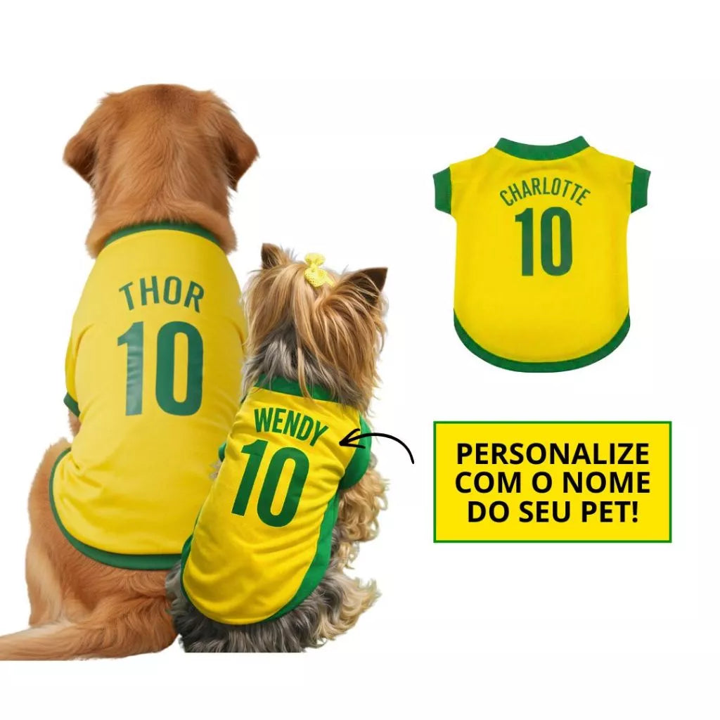 Roupinha Personalizada Copa do Mundo Brasil | Com Nome e Número para Cachorro e Gato Tecido Respirável - Pet Premium™