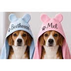 Dois beagles usando toalhas pet personalizadas com nome, azul e rosa, com capuz de orelhinhas