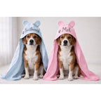 Dois cães sentados com toalhas pet de capuz com orelhinhas, uma azul e uma rosa, personalizadas com o nome