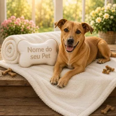 Kit manta e almofada ossinho personalizada com nome do pet em branco com cachorro